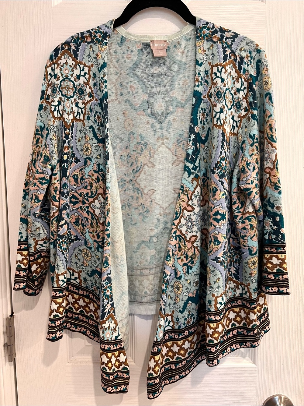 Chico's Open Front Blue Brown Paisley 3/4 Sleeve Lightweight Drape Cardigan L